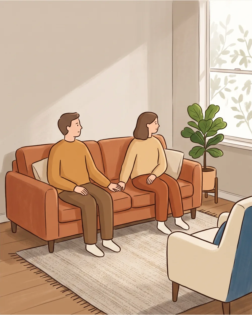 Ilustracja: para siedząca obok siebie na kanapie w jasnym salonie, dłonie blisko, wzrok skierowany w tę samą stronę