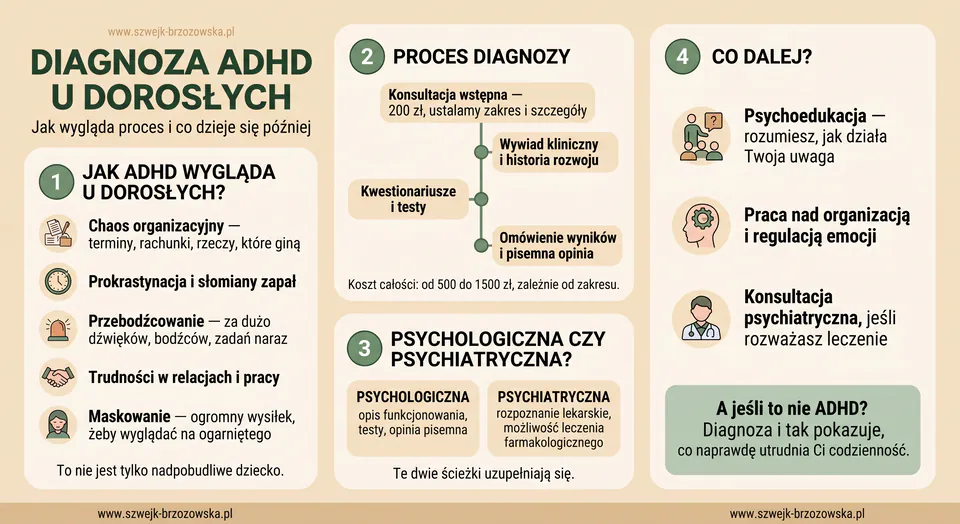 Infografika: diagnoza ADHD u dorosłych — jak ADHD wygląda u dorosłych, przebieg i koszt diagnozy oraz różnica między diagnozą psychologiczną a psychiatryczną