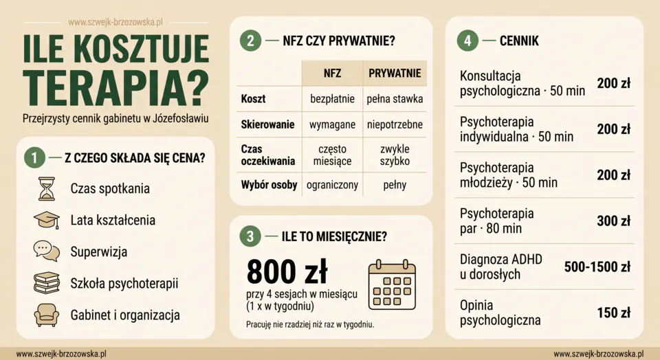 Infografika: ile kosztuje terapia — z czego składa się cena sesji, porównanie NFZ i wizyt prywatnych, koszt miesięczny oraz cennik gabinetu