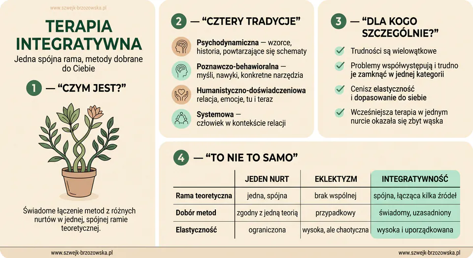 Infografika: terapia integratywna — czym jest, cztery tradycje, z których czerpie, dla kogo jest szczególnie dobra oraz czym różni się od pracy w jednym nurcie i od eklektyzmu